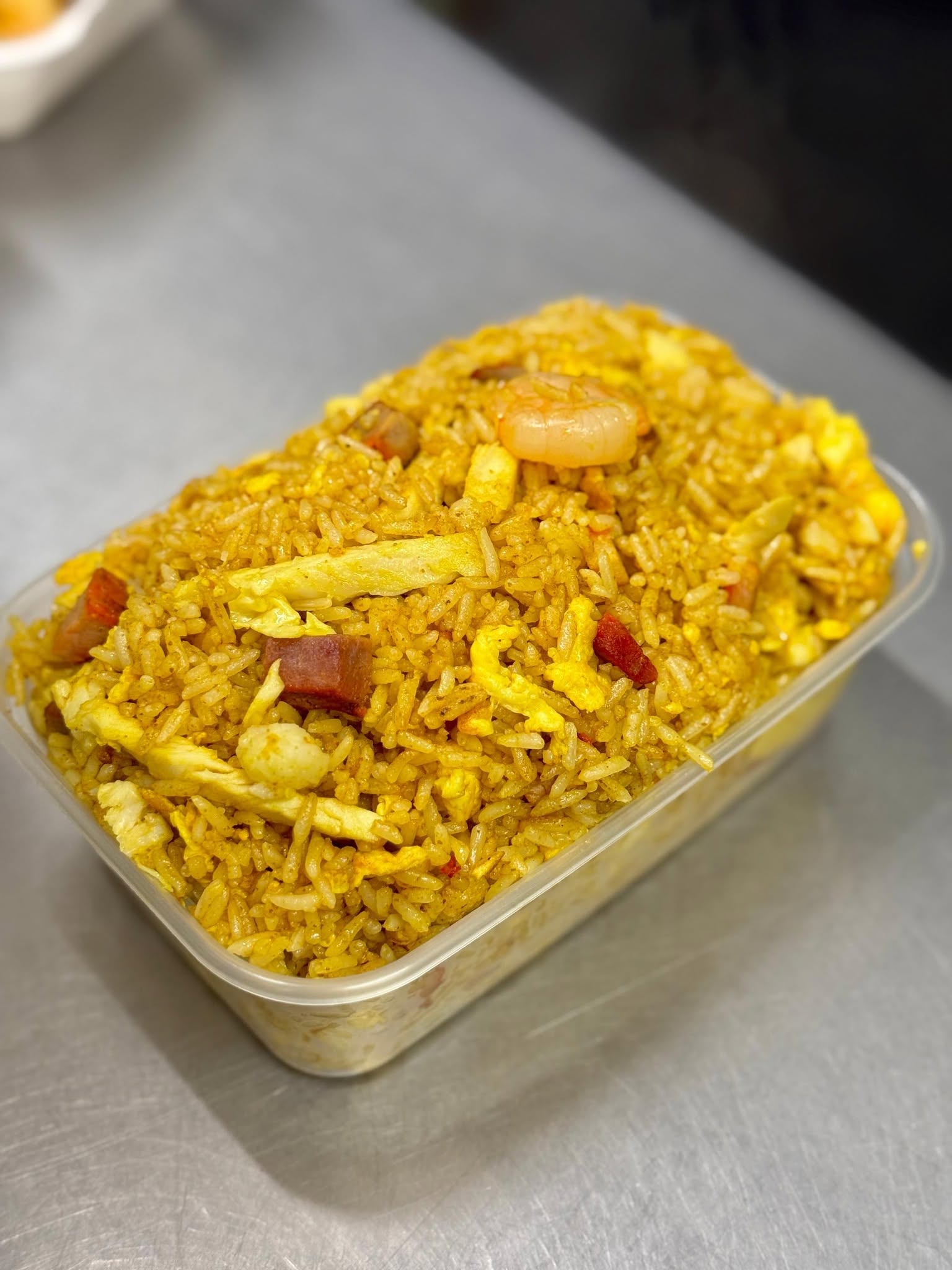 Singapore fried rice with mixed meat and king prawns